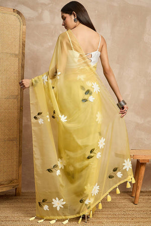 Yellow Organza Woven Saree