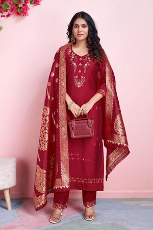 Red Embroidered Viscose Silk Kurti Pant Set