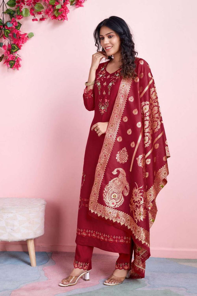 Red Embroidered Viscose Silk Kurti Pant Set