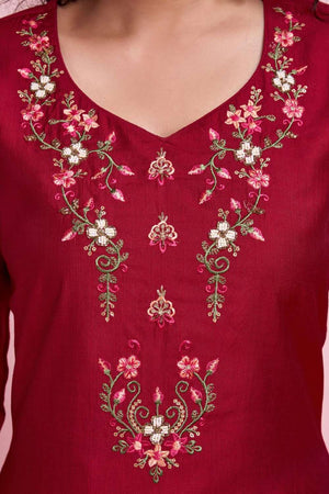 Red Embroidered Viscose Silk Kurti Pant Set