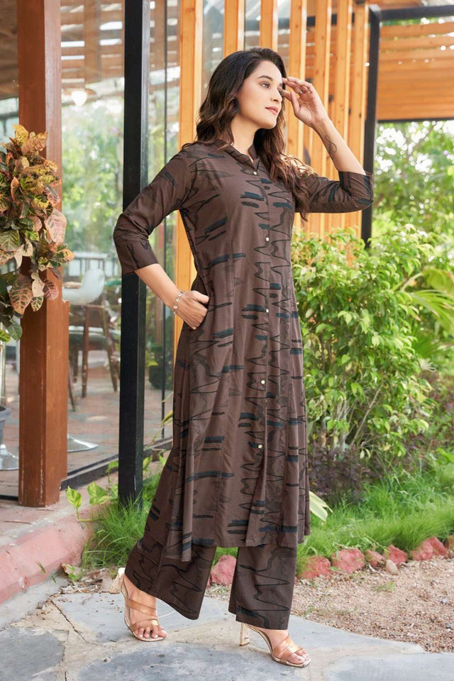 Brown Printed Rayon Co-Ord Set