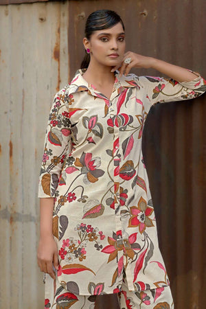 Cream Printed Cotton Co-Ord Set