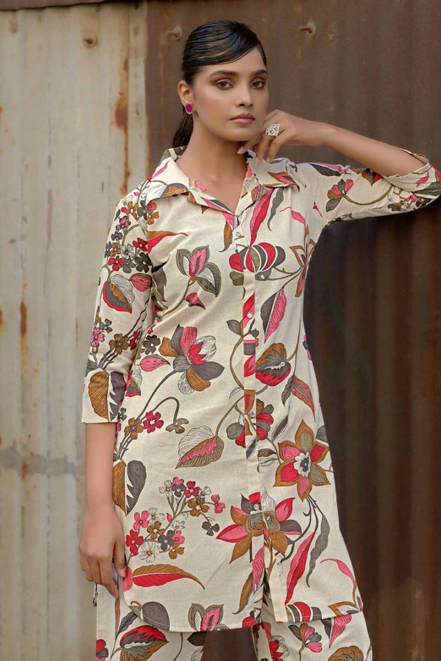 Cream Printed Cotton Co-Ord Set