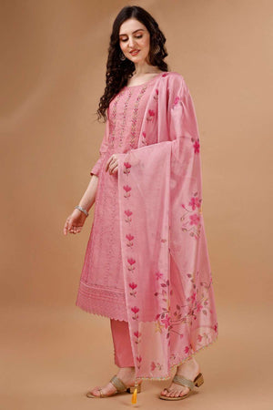 Peach Embroidered Chanderi Silk Kurti Pant Set
