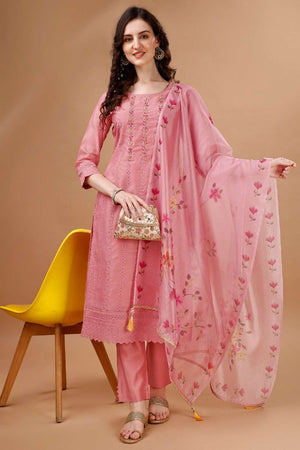 Peach Embroidered Chanderi Silk Kurti Pant Set
