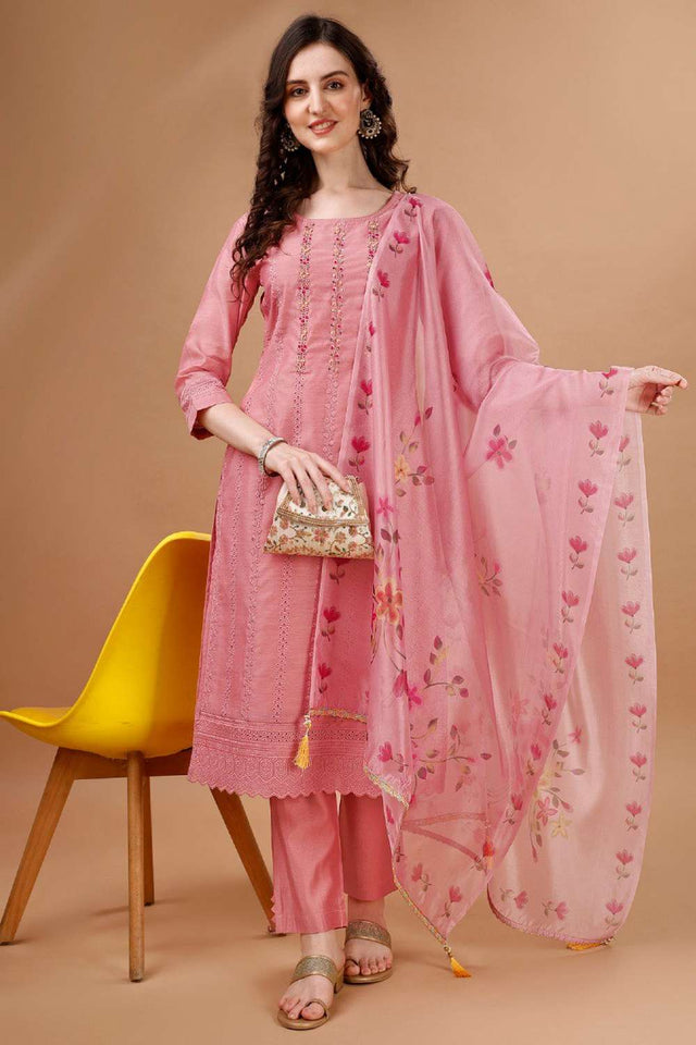 Peach Embroidered Chanderi Silk Kurti Pant Set