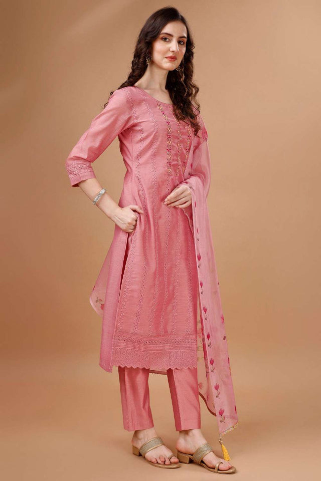 Peach Embroidered Chanderi Silk Kurti Pant Set