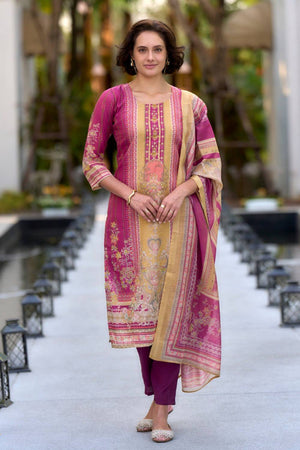 Pink Floral Printed Silk Kurti Pant Set