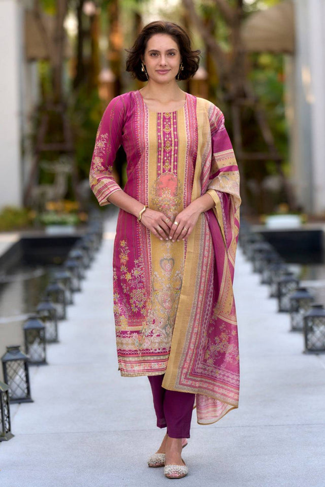 Pink Floral Printed Silk Kurti Pant Set