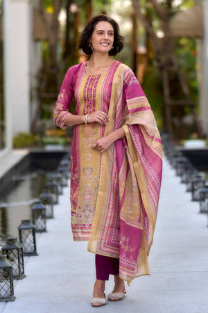 Pink Floral Printed Silk Kurti Pant Set