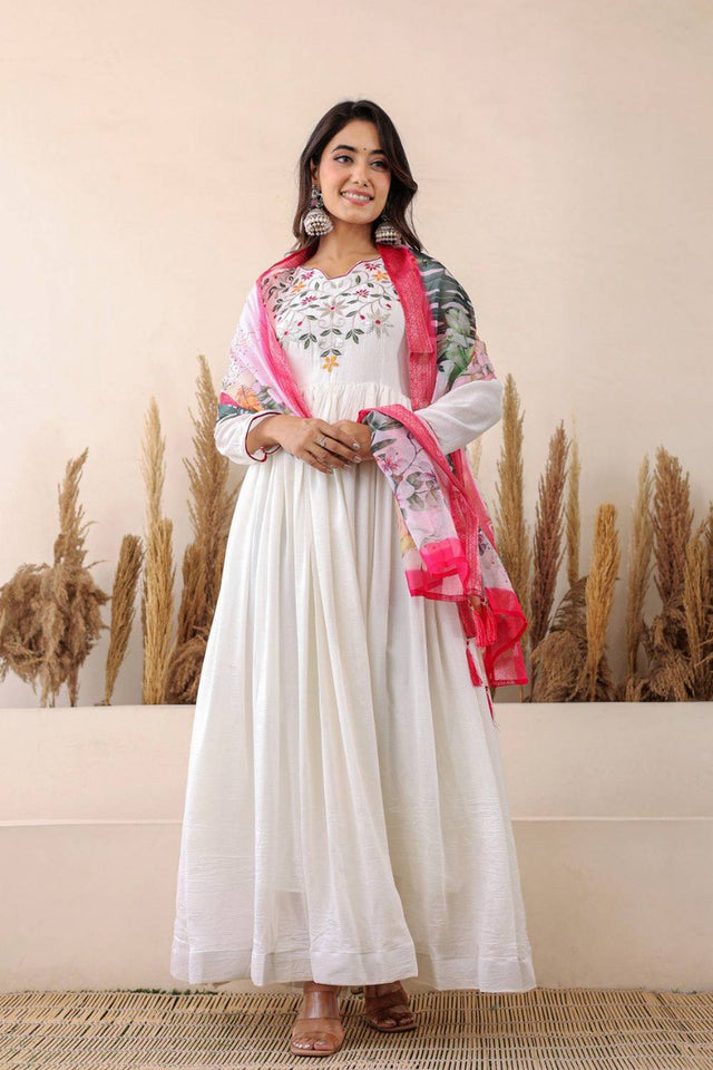 White Embroidered Vichitra Silk Gown