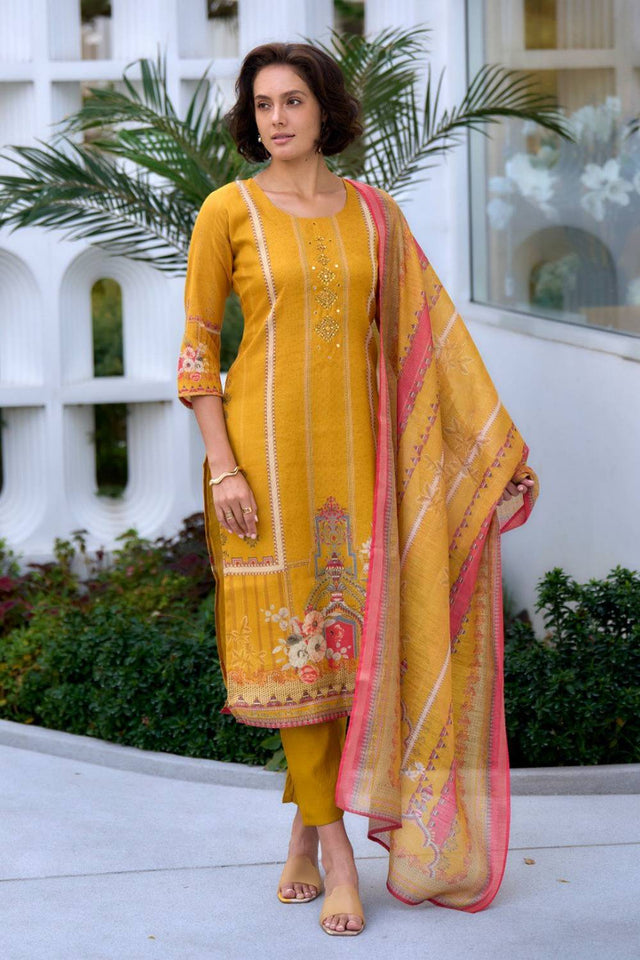 Yellow Embroidered Silk Kurti Pant Set