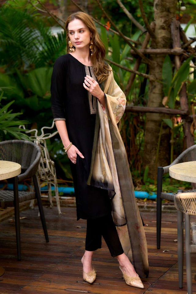 Black Embroidered Viscose Rayon Kurti Pant Set
