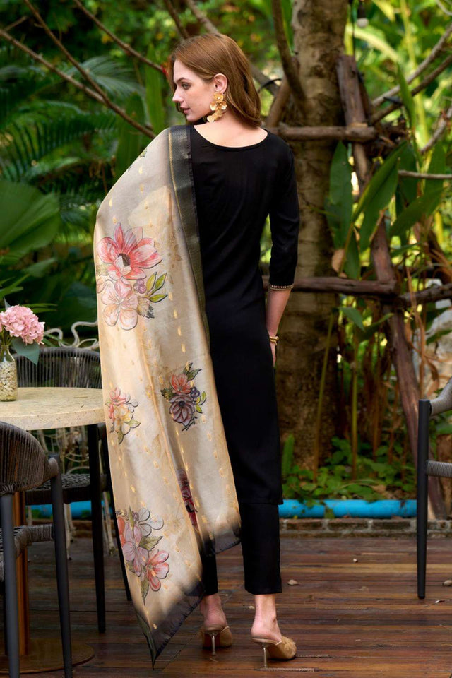 Black Embroidered Viscose Rayon Kurti Pant Set