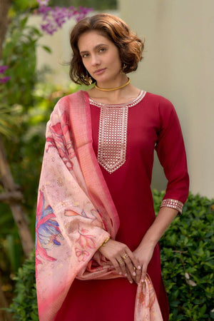 Maroon Embroidered Viscose Rayon Kurti Pant Set