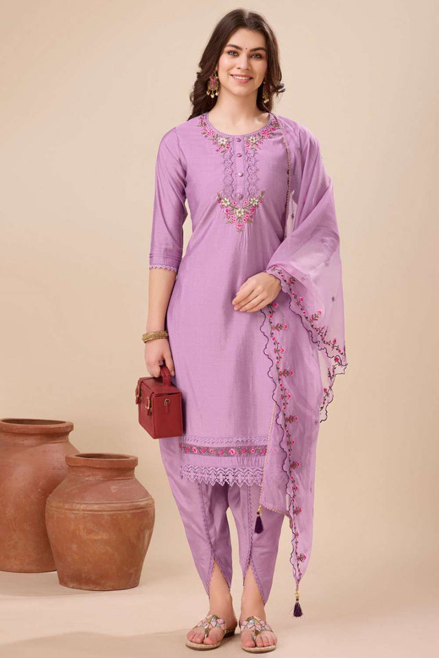 Lavender Embroidered Viscose Silk Patiala Suit Set