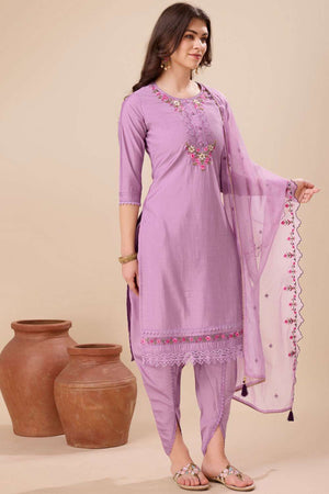 Lavender Embroidered Viscose Silk Patiala Suit Set
