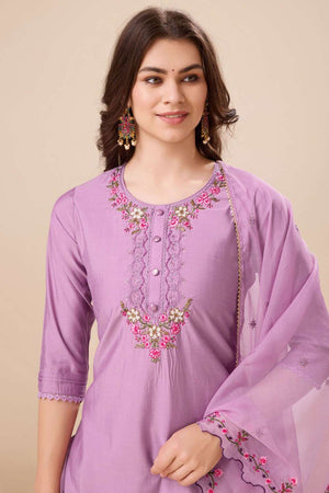 Lavender Embroidered Viscose Silk Patiala Suit Set