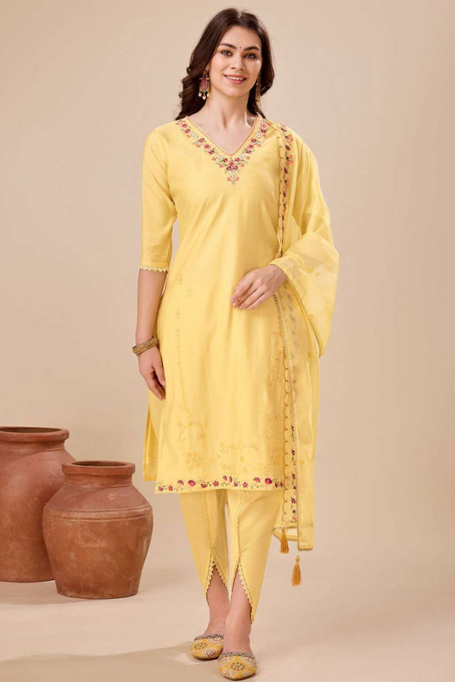 Yellow Embroidered Viscose Silk Patiala Suit Set