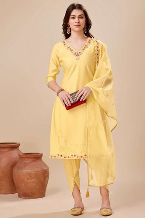 Yellow Embroidered Viscose Silk Patiala Suit Set