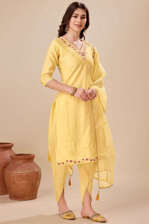 Yellow Embroidered Viscose Silk Patiala Suit Set