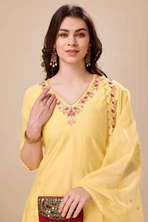 Yellow Embroidered Viscose Silk Patiala Suit Set