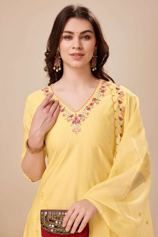 Yellow Embroidered Viscose Silk Patiala Suit Set