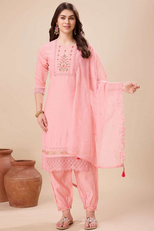 Peach Embroidered Viscose Silk Kurti Pant Set