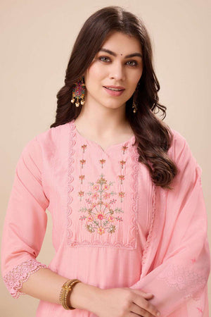 Peach Embroidered Viscose Silk Kurti Pant Set