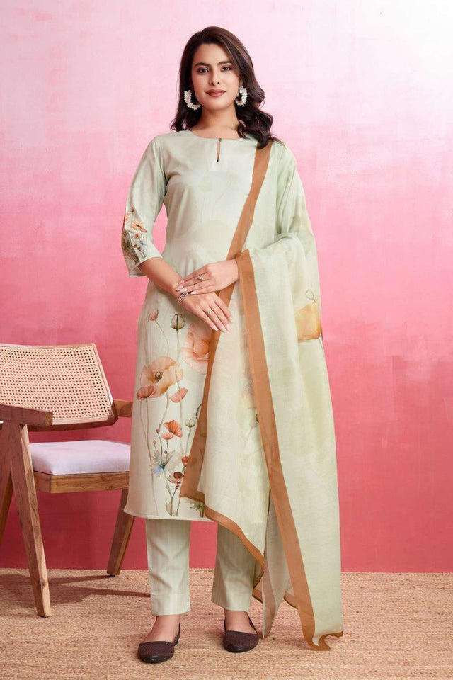 Cream Printed Crepe Kurti Pant Set