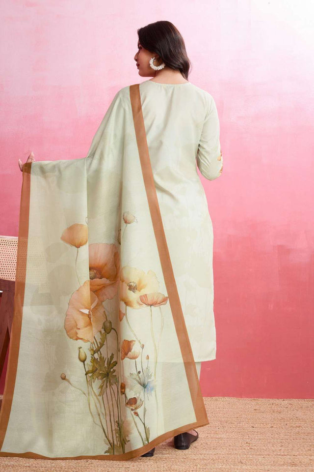 Cream Printed Crepe Kurti Pant Set