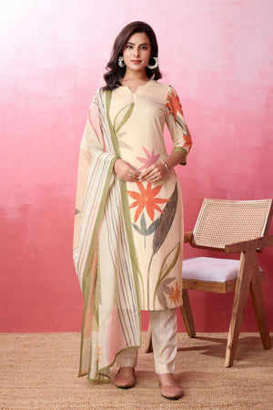 Off White Printed Crepe Kurti Pant Set