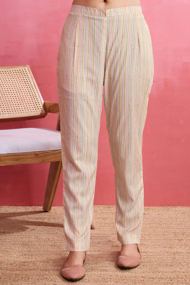 Off White Printed Crepe Kurti Pant Set