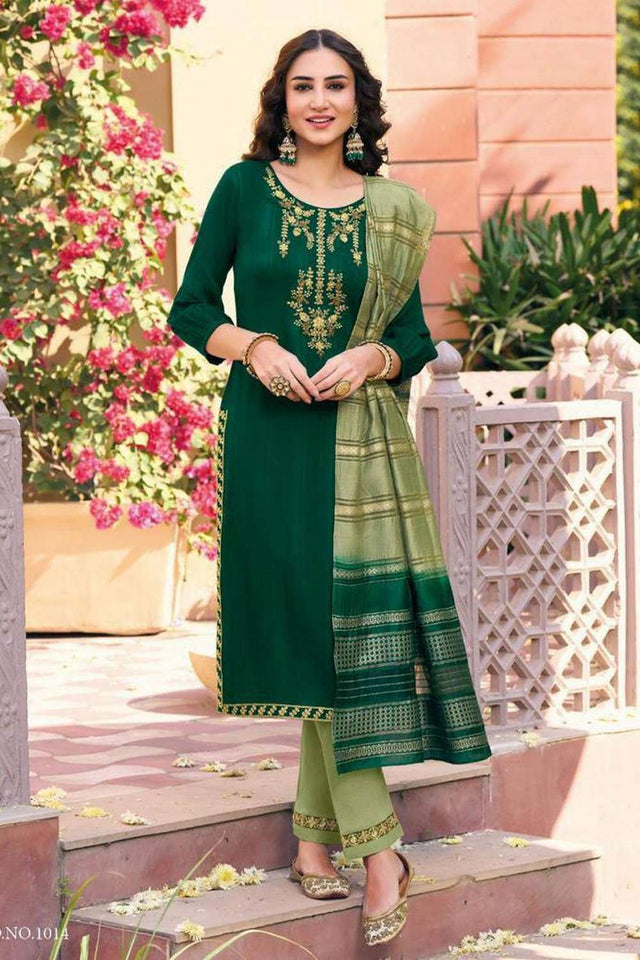 Green Embroidered Viscose Rayon Kurti Pant Set