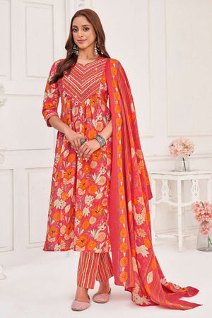 Peach Printed Cotton Kurti Pant Set