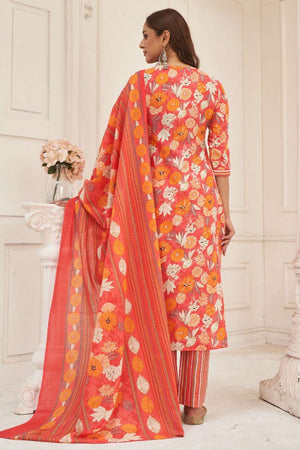 Peach Printed Cotton Kurti Pant Set