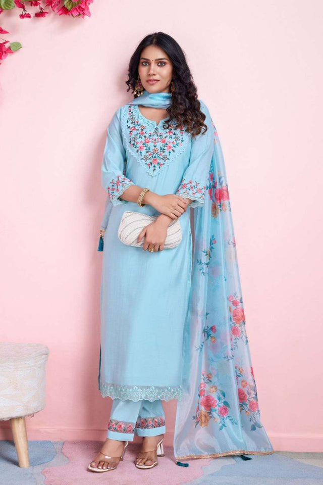 Sky Blue Embroidered Viscose Silk Kurti Pant Set