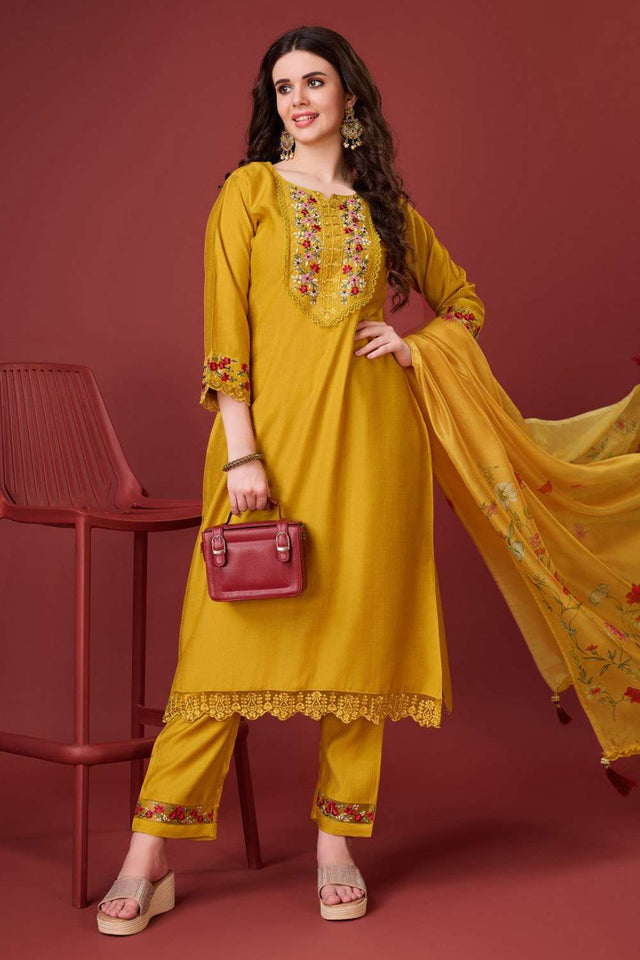 Yellow Embroidered Viscose Silk Kurti Pant Set