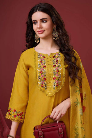 Yellow Embroidered Viscose Silk Kurti Pant Set