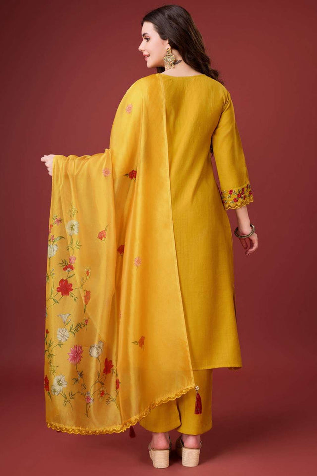 Yellow Embroidered Viscose Silk Kurti Pant Set