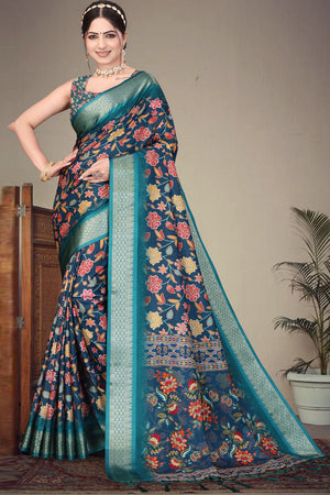 Blue Floral Printed Cotton Silk Saree (AXALI1-BLUE)