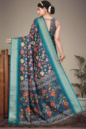 Blue Floral Printed Cotton Silk Saree (AXALI1-BLUE)