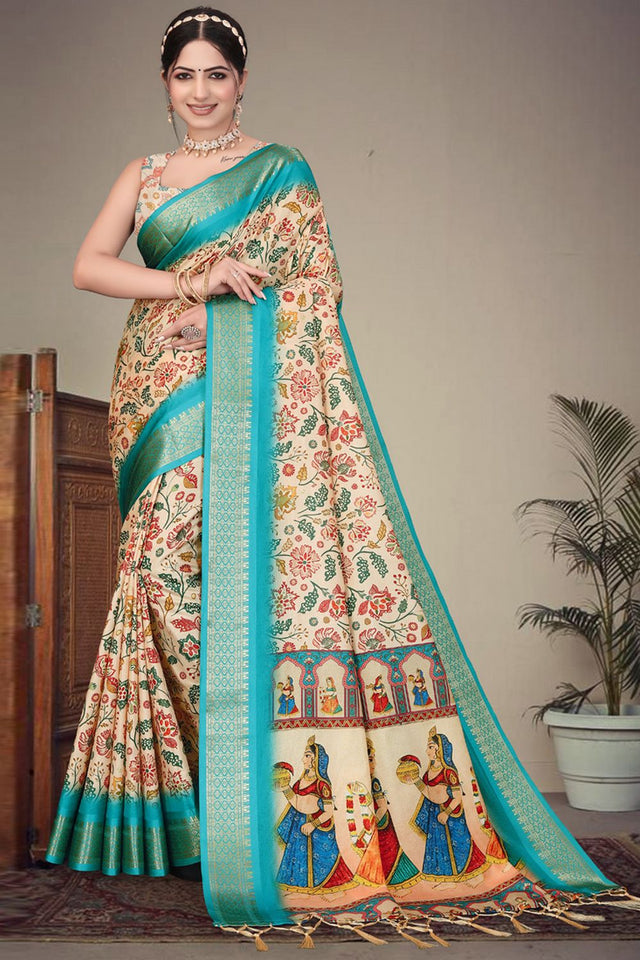 Cream Floral Printed Cotton Silk Saree (AXALI1-CREAM)