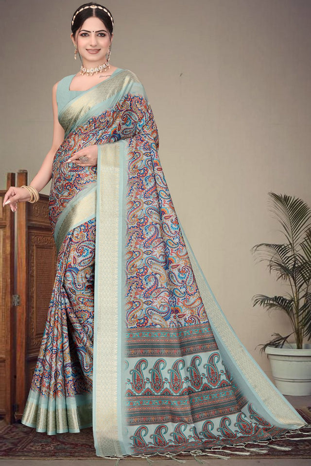 Green Floral Printed Cotton Silk Saree (AXALI1-OLIVE)