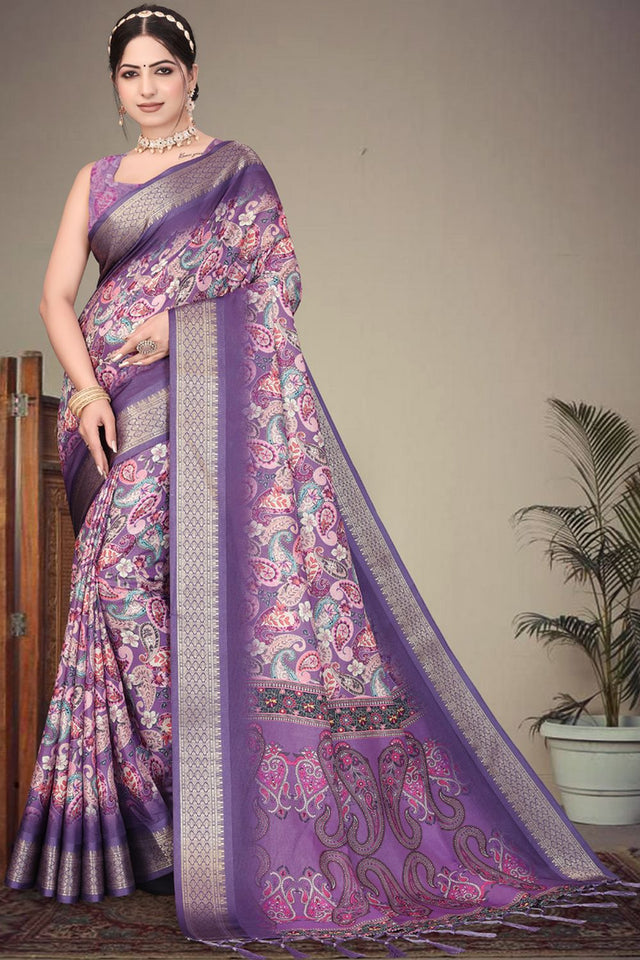 Purple Floral Printed Cotton Silk Saree (AXALI1-PURPLE)