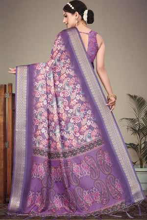 Purple Floral Printed Cotton Silk Saree (AXALI1-PURPLE)