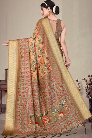Brown Floral Printed Cotton Silk Saree (AXALI2-BROWN)