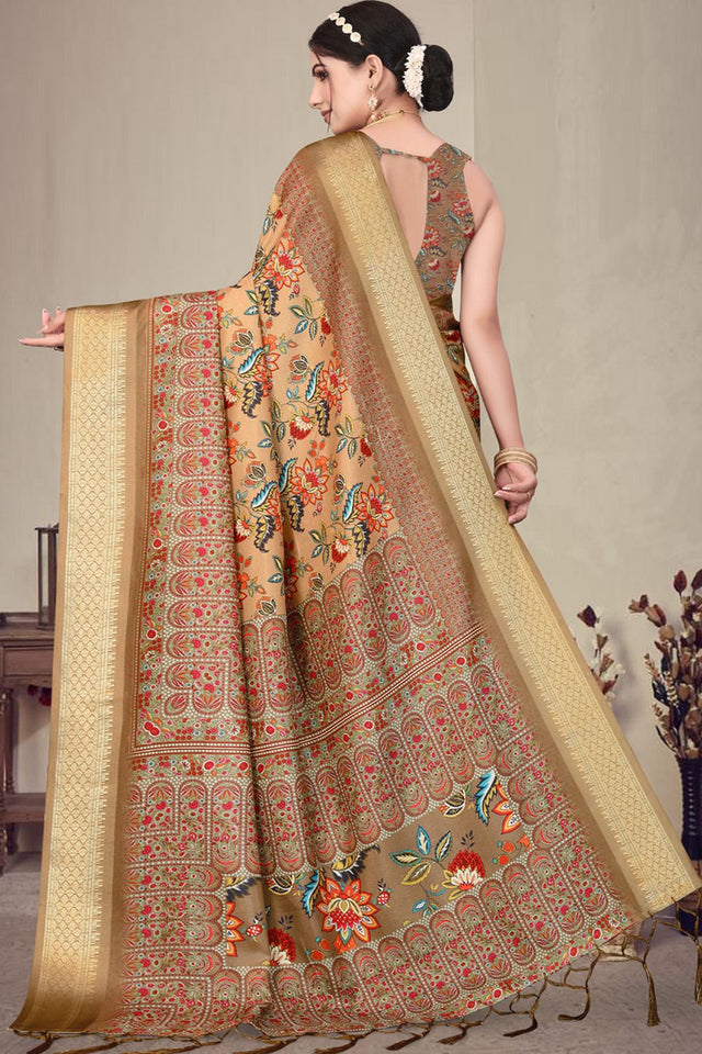 Brown Floral Printed Cotton Silk Saree (AXALI2-BROWN)