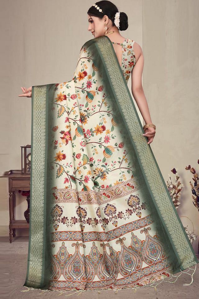 Green Floral Printed Cotton Silk Saree (AXALI2-GREEN)