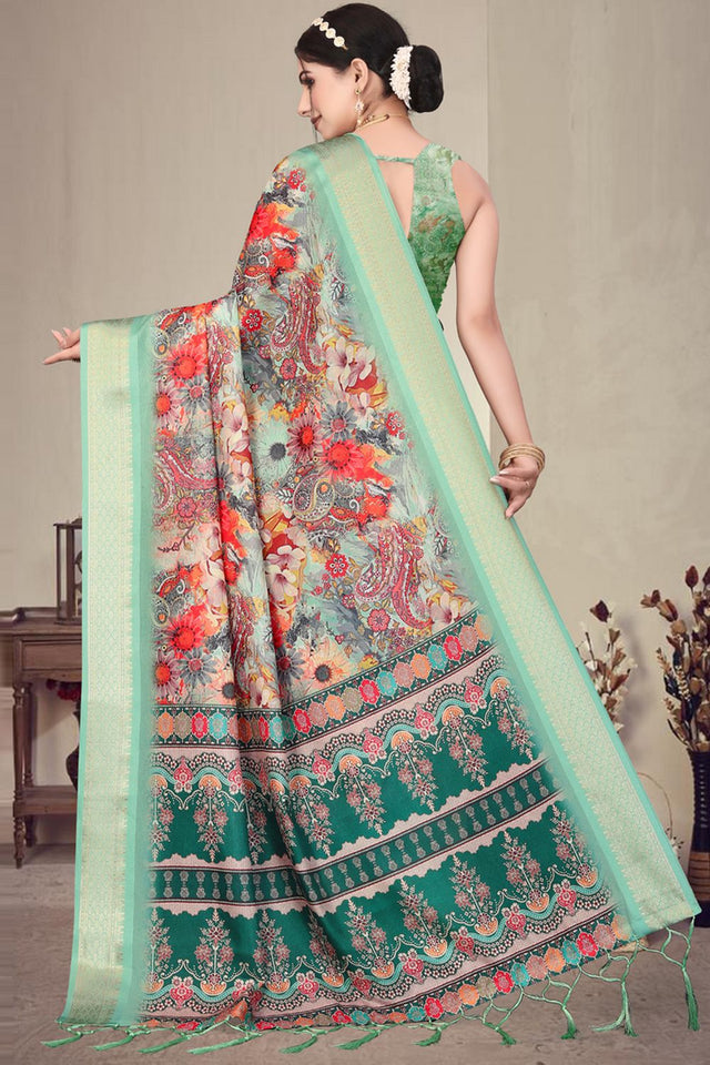 Green Floral Printed Cotton Silk Saree (AXALI2-LIGHTGREEN)